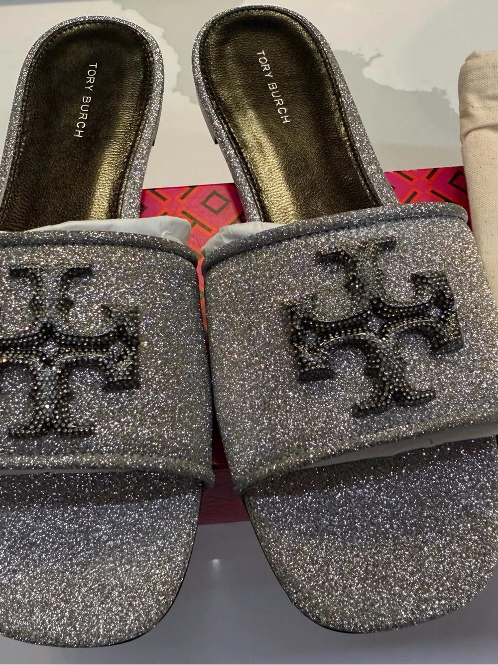 Tory Burch Silver Glitter Double-T Crystal Eleanor Slide Sandals - Picture 2 of 12